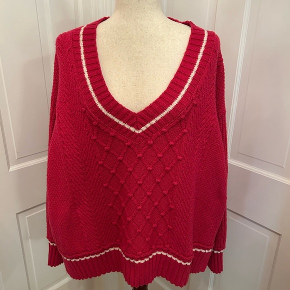 Anthropologie Maeve Tilly Varsity Cable Knit V-Neck Sweater Raspberry Pink 2X - Picture 2 of 11